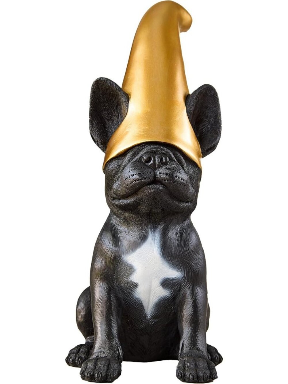 Cute Black Frenchie Gnome Statue with Gold Hat | Adorable Bulldog Garden Decor